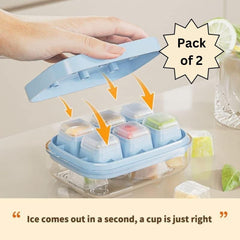 Small POP-UP Ice Cube Tray with Flexible Silicon Bottom and Lid (Pack of 2)