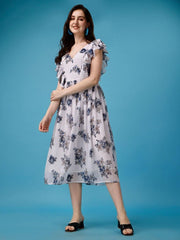 Plus Size Women's Georgette Floral Print Flared Midi Dress